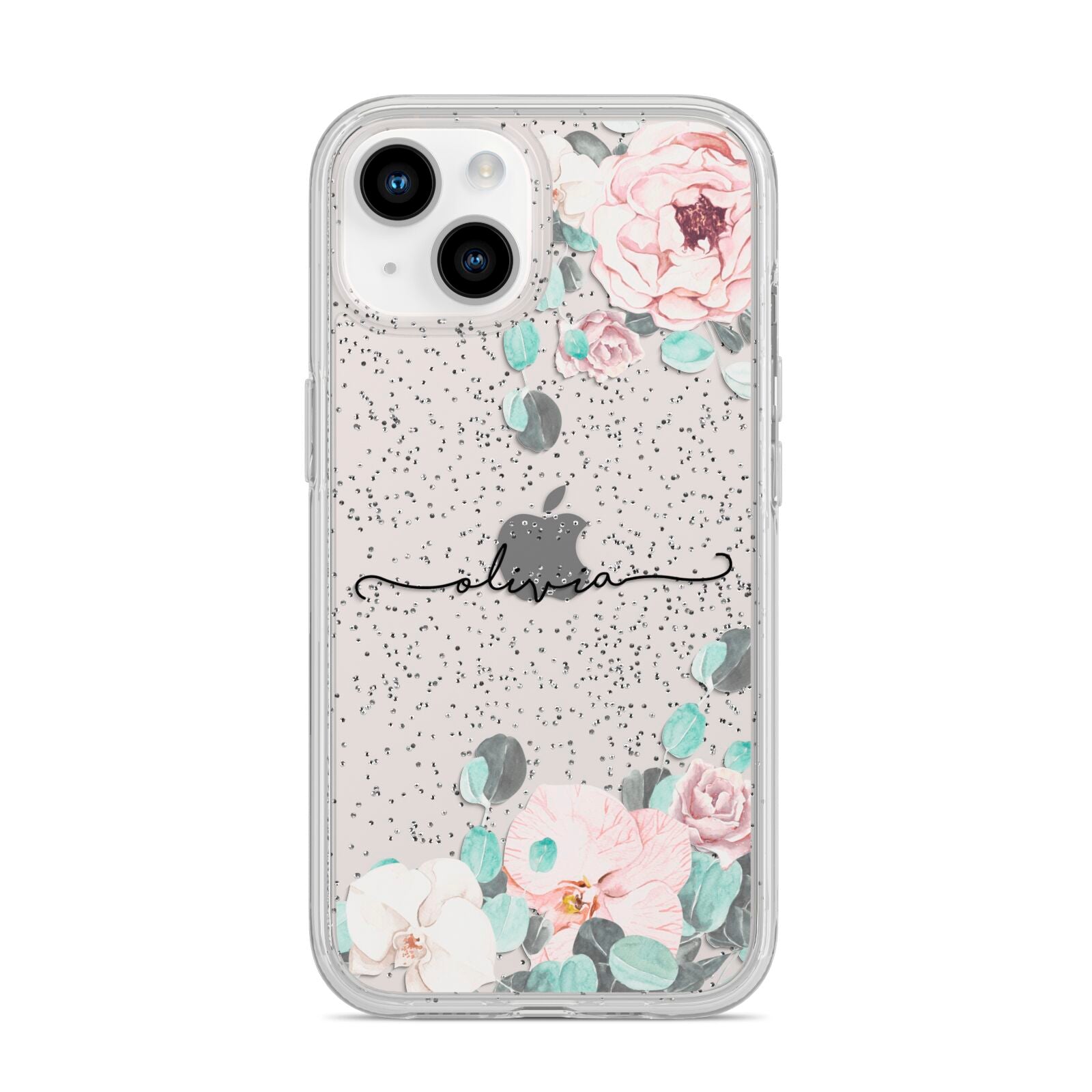 Personalised Pink Flower Name iPhone 14 Glitter Tough Case Starlight