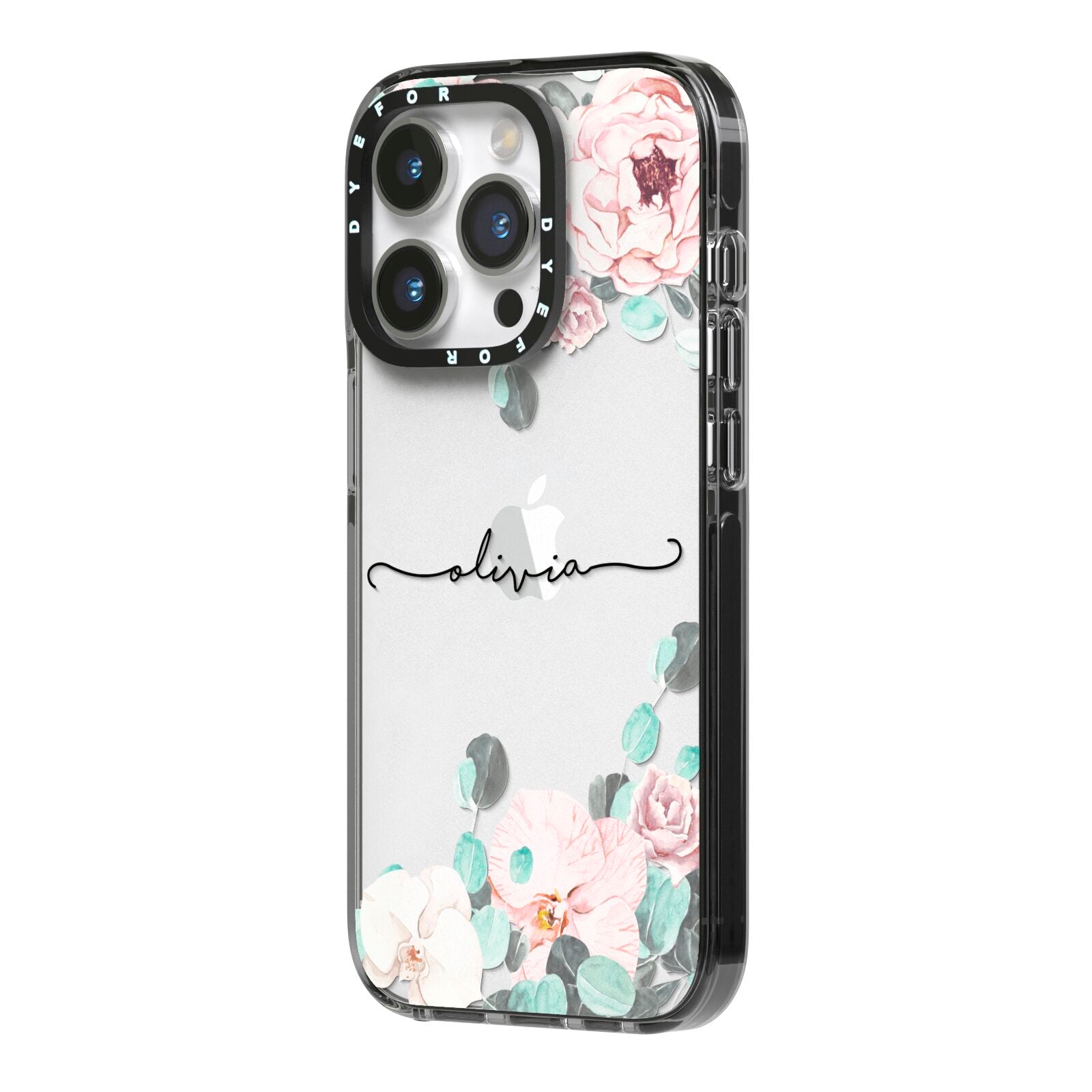 Personalised Pink Flower Name iPhone 14 Pro Black Impact Case Side Angle on Silver phone