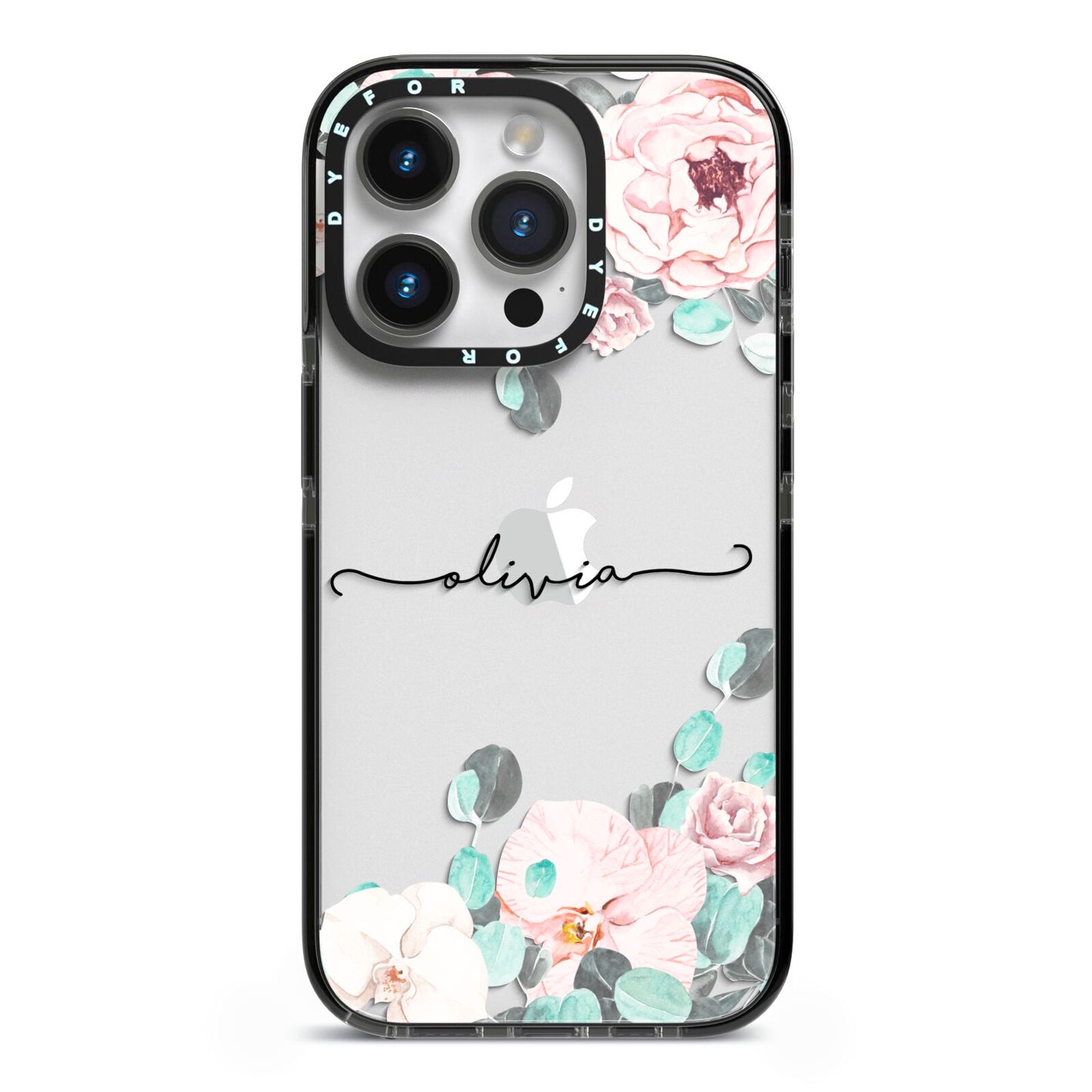 Personalised Pink Flower Name iPhone 14 Pro Black Impact Case on Silver phone