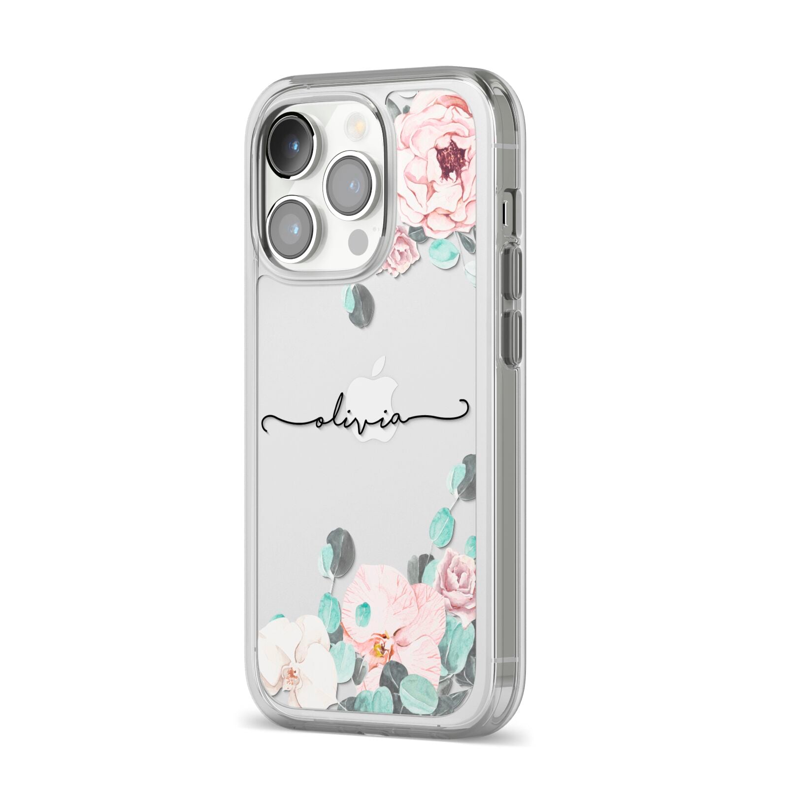 Personalised Pink Flower Name iPhone 14 Pro Clear Tough Case Silver Angled Image