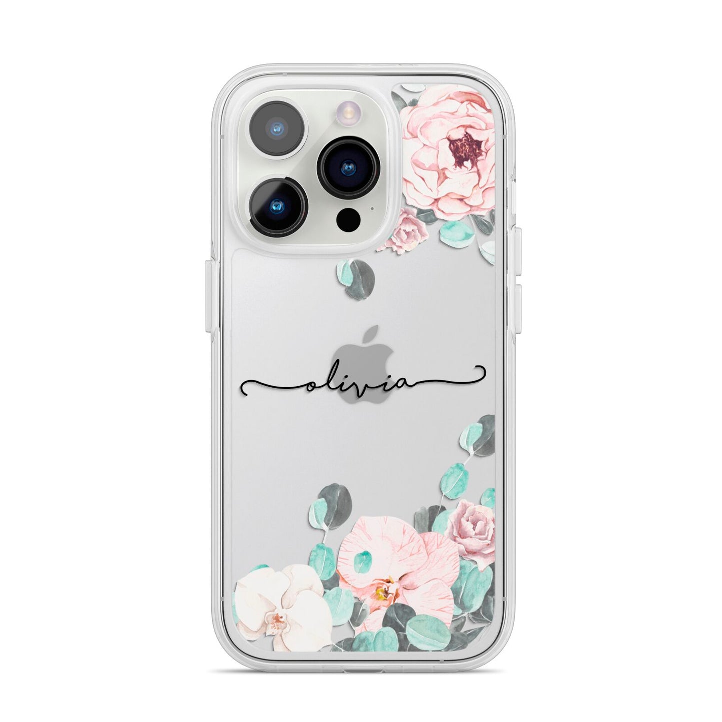 Personalised Pink Flower Name iPhone 14 Pro Clear Tough Case Silver