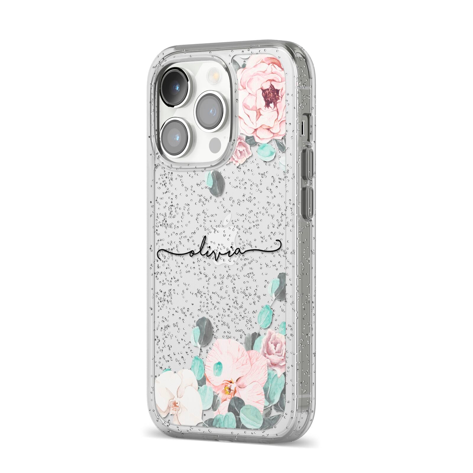 Personalised Pink Flower Name iPhone 14 Pro Glitter Tough Case Silver Angled Image