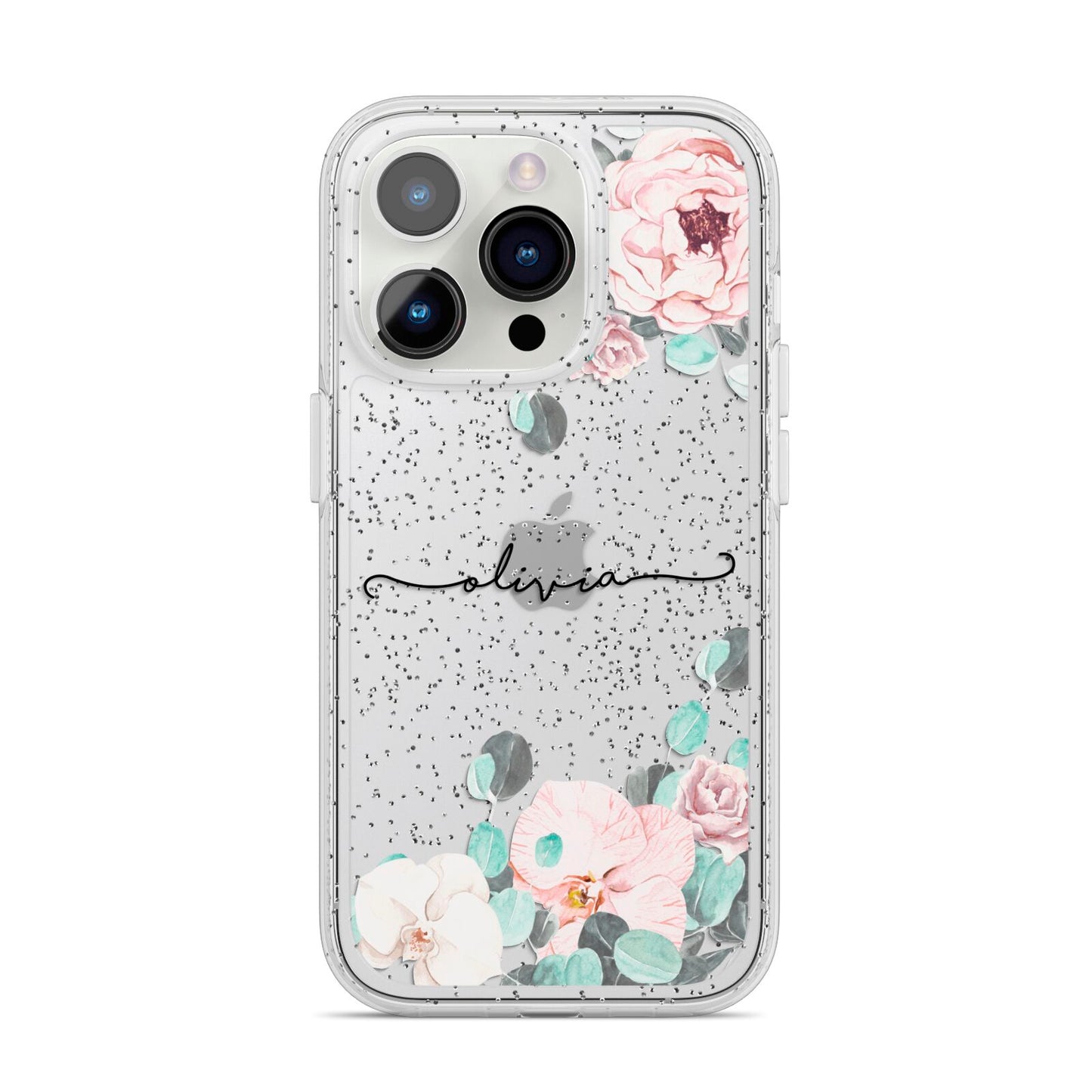 Personalised Pink Flower Name iPhone 14 Pro Glitter Tough Case Silver