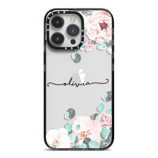 Personalised Pink Flower Name iPhone 14 Pro Max Black Impact Case on Silver phone