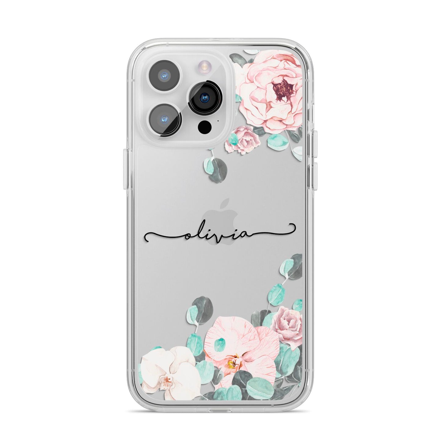 Personalised Pink Flower Name iPhone 14 Pro Max Clear Tough Case Silver