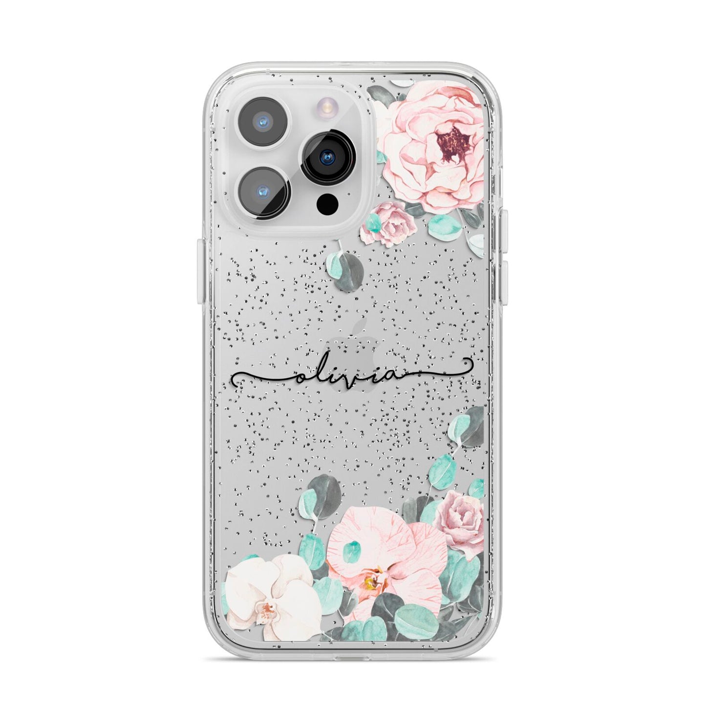 Personalised Pink Flower Name iPhone 14 Pro Max Glitter Tough Case Silver