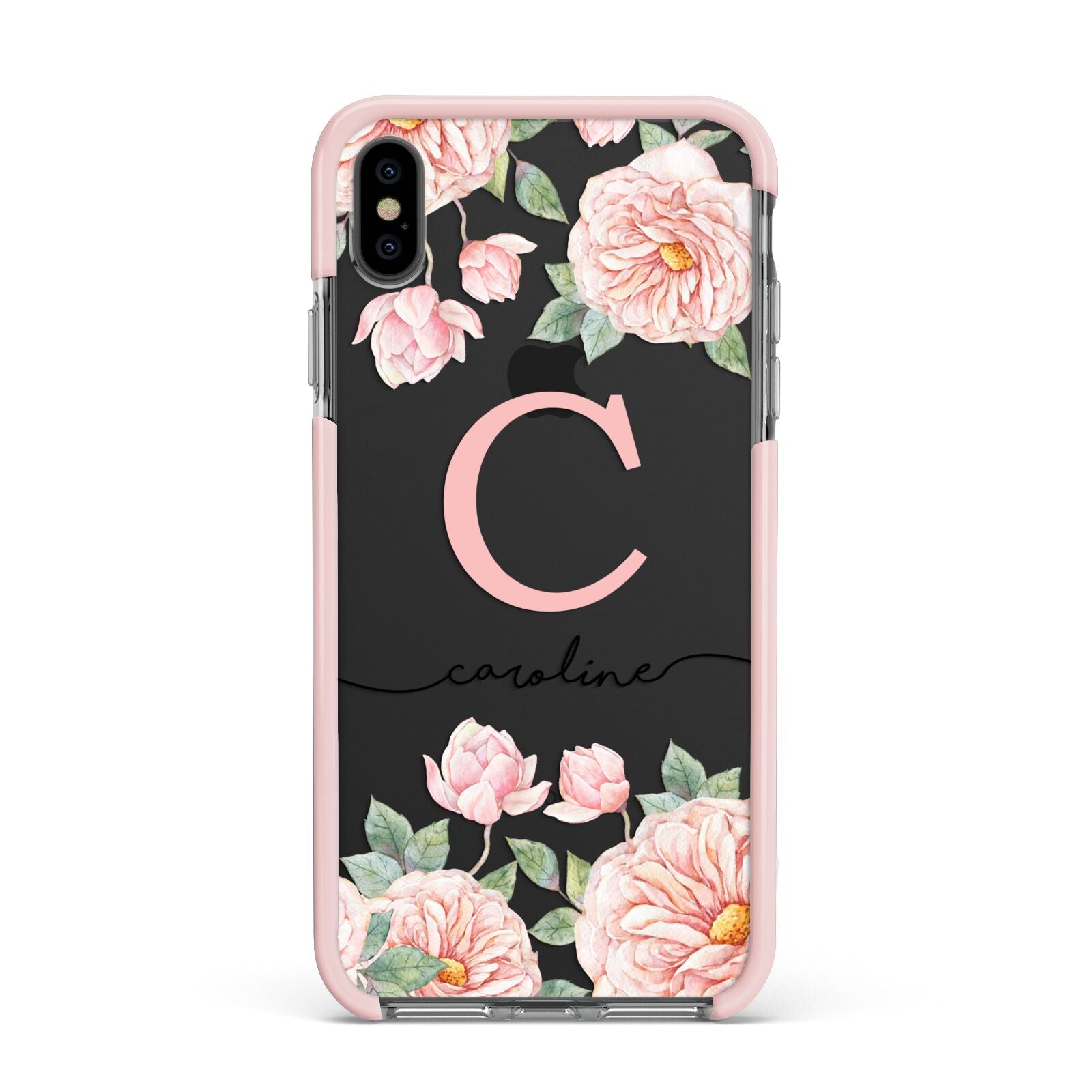 Personalised Pink Flowers Apple iPhone Xs Max Impact Case Pink Edge on Black Phone