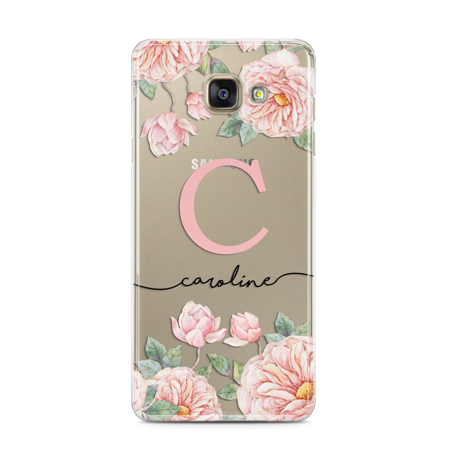 Personalised Pink Flowers Samsung Galaxy A3 2016 Case on gold phone