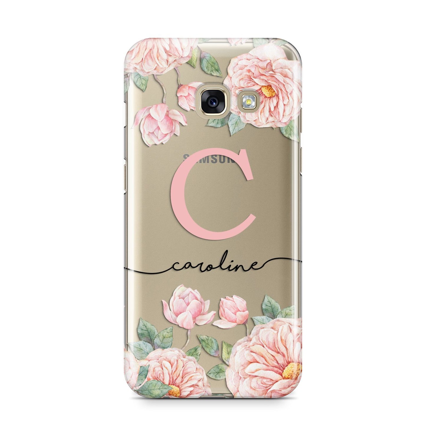 Personalised Pink Flowers Samsung Galaxy A3 2017 Case on gold phone