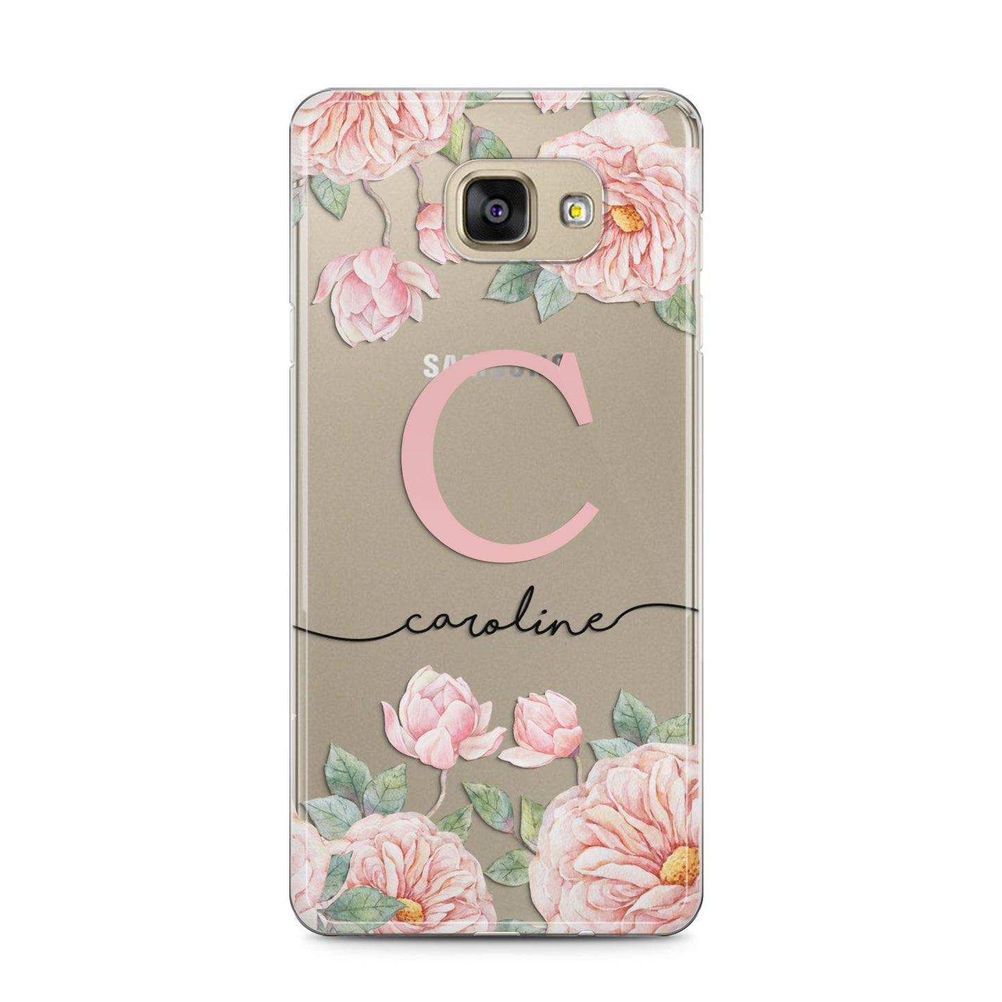 Personalised Pink Flowers Samsung Galaxy A5 2016 Case on gold phone