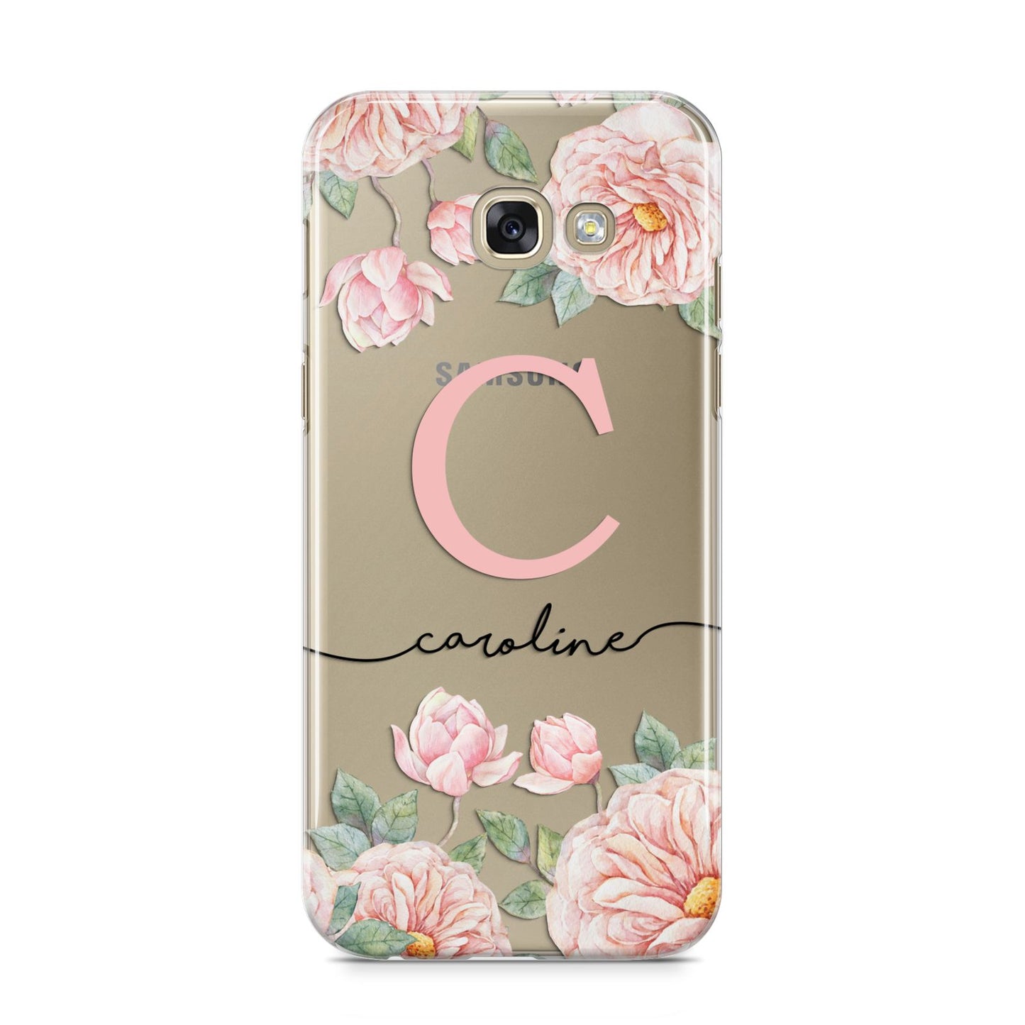 Personalised Pink Flowers Samsung Galaxy A5 2017 Case on gold phone