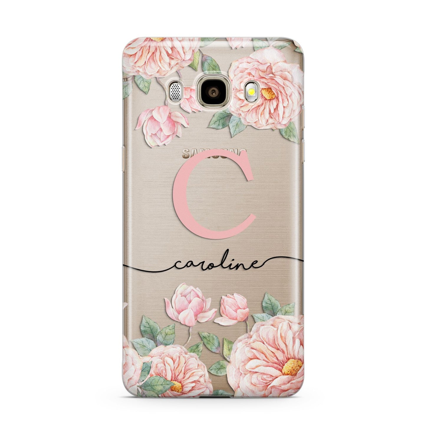 Personalised Pink Flowers Samsung Galaxy J7 2016 Case on gold phone