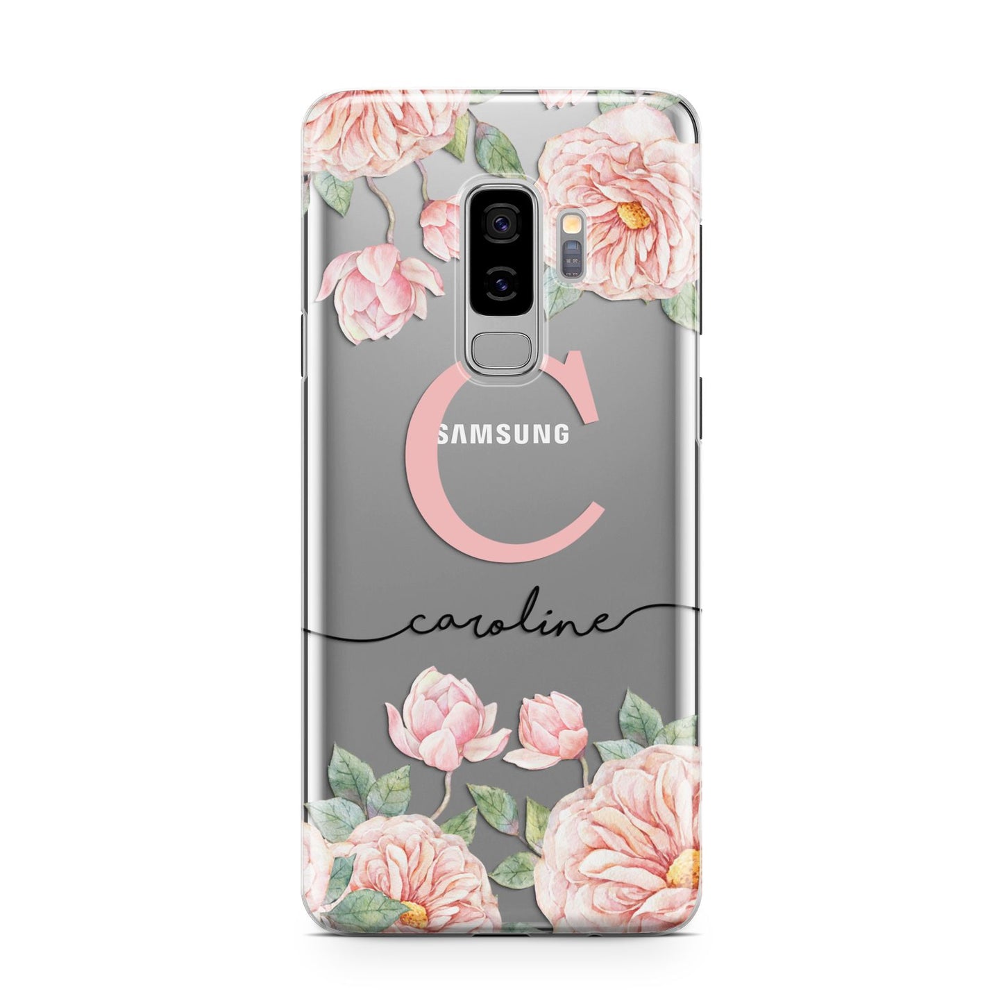 Personalised Pink Flowers Samsung Galaxy S9 Plus Case on Silver phone