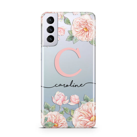 Personalised Pink Flowers Samsung S21 Plus Phone Case