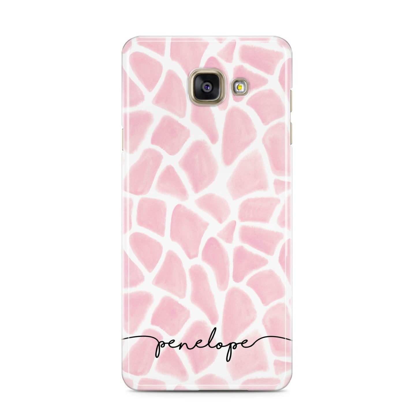 Personalised Pink Giraffe Print Samsung Galaxy A3 2016 Case on gold phone