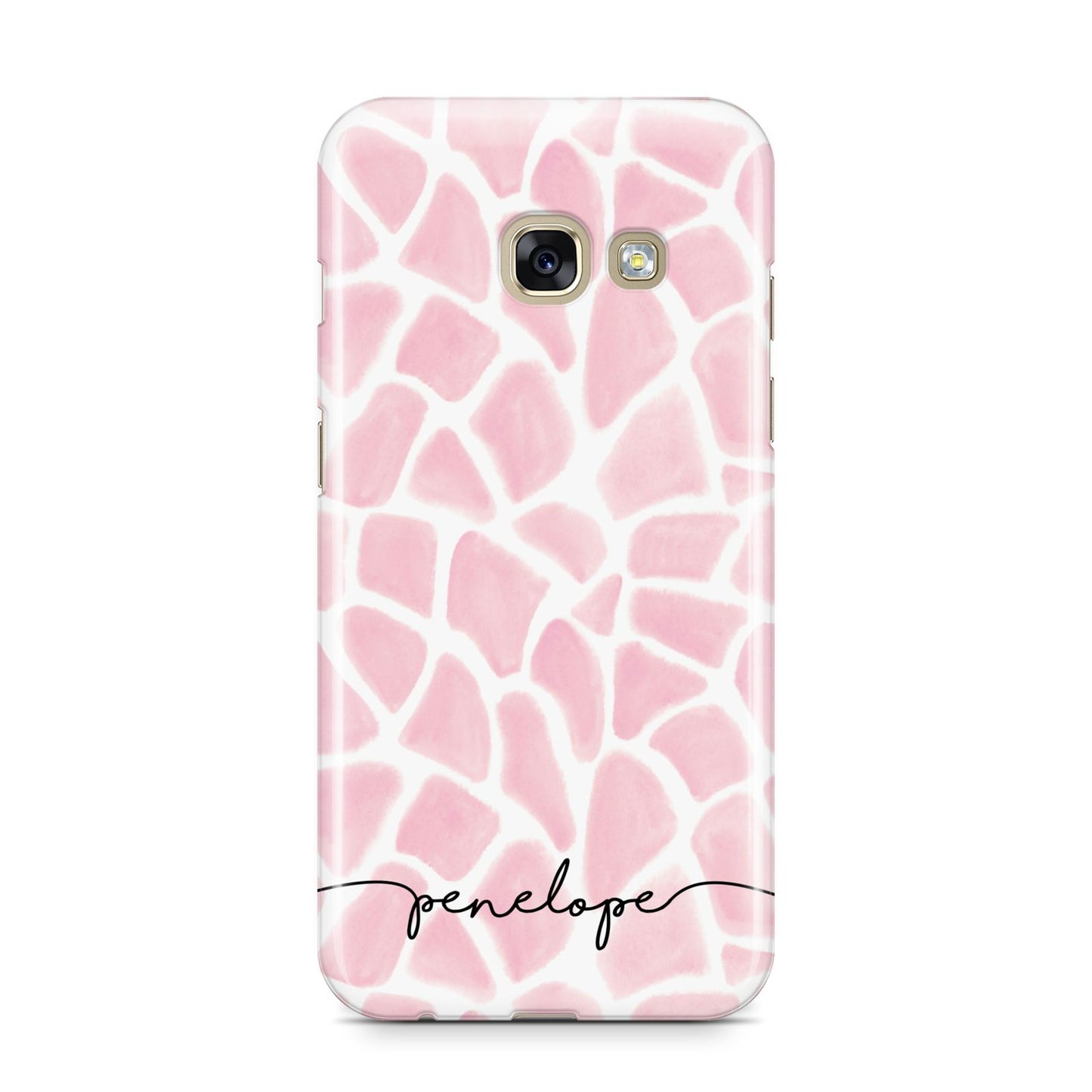 Personalised Pink Giraffe Print Samsung Galaxy A3 2017 Case on gold phone