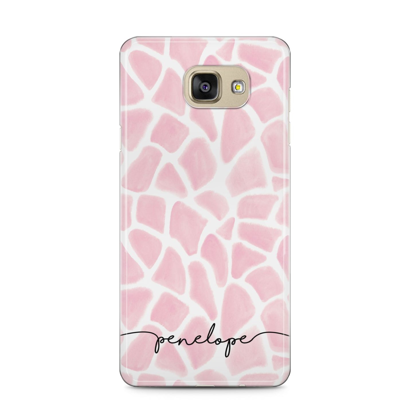 Personalised Pink Giraffe Print Samsung Galaxy A5 2016 Case on gold phone