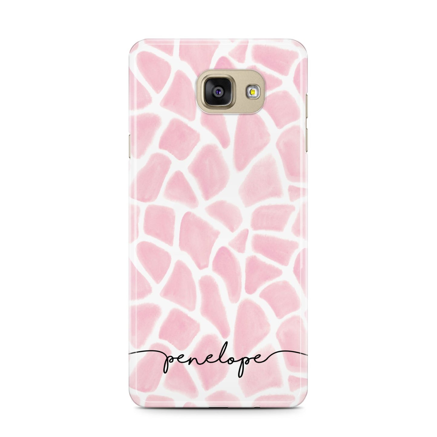 Personalised Pink Giraffe Print Samsung Galaxy A7 2016 Case on gold phone