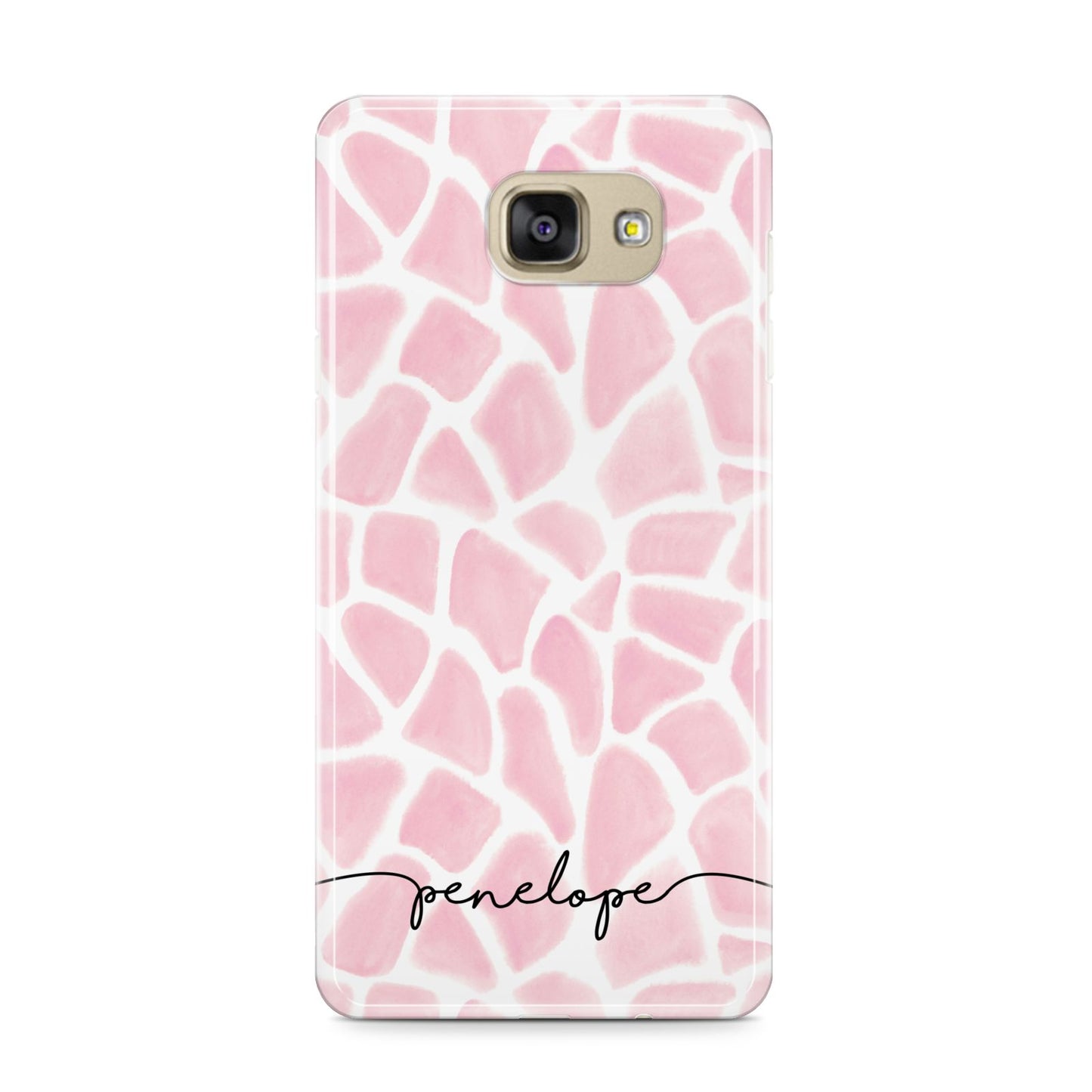 Personalised Pink Giraffe Print Samsung Galaxy A9 2016 Case on gold phone