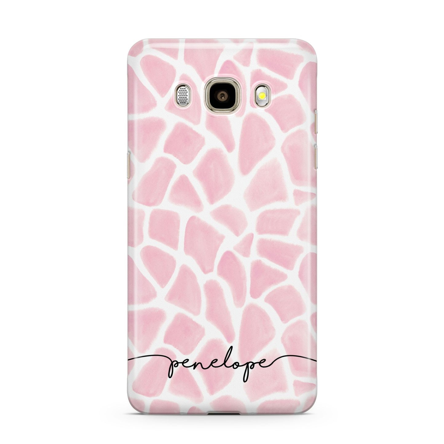 Personalised Pink Giraffe Print Samsung Galaxy J7 2016 Case on gold phone