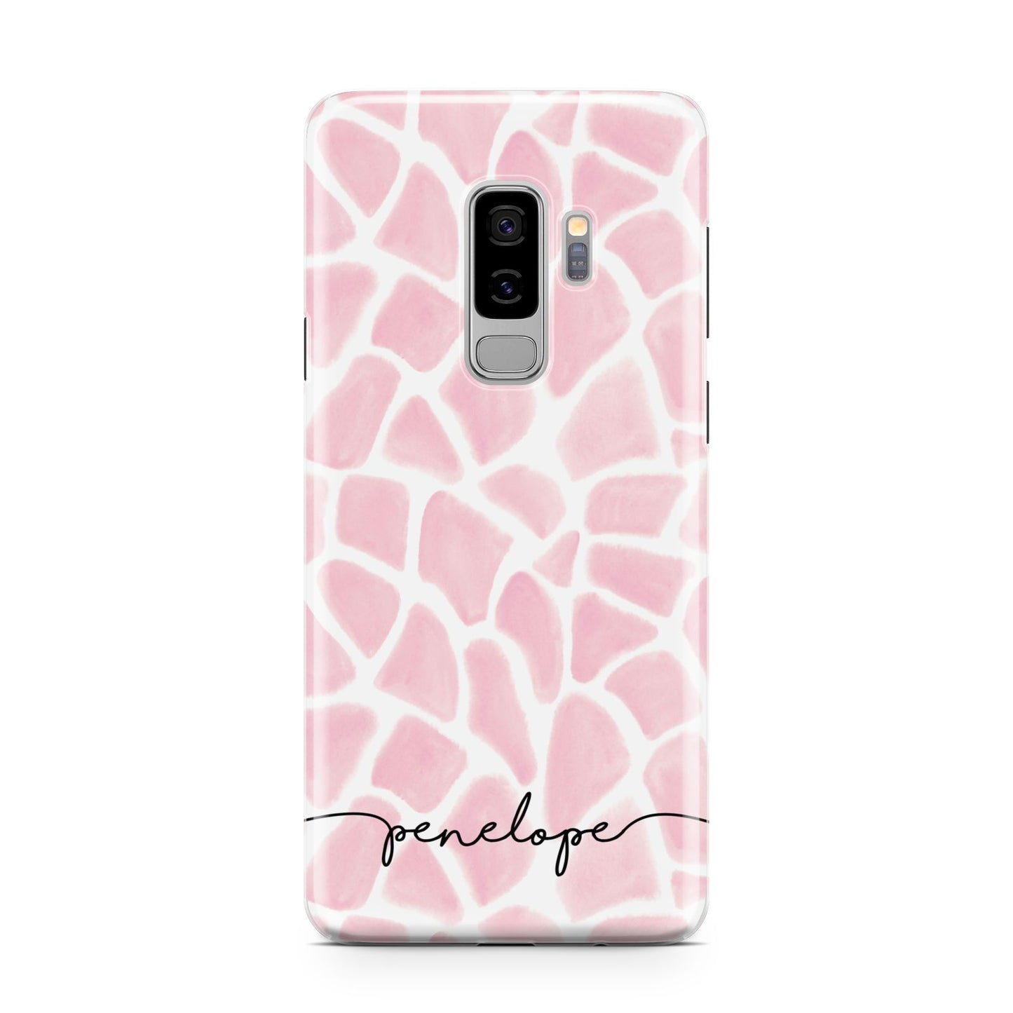 Personalised Pink Giraffe Print Samsung Galaxy S9 Plus Case on Silver phone