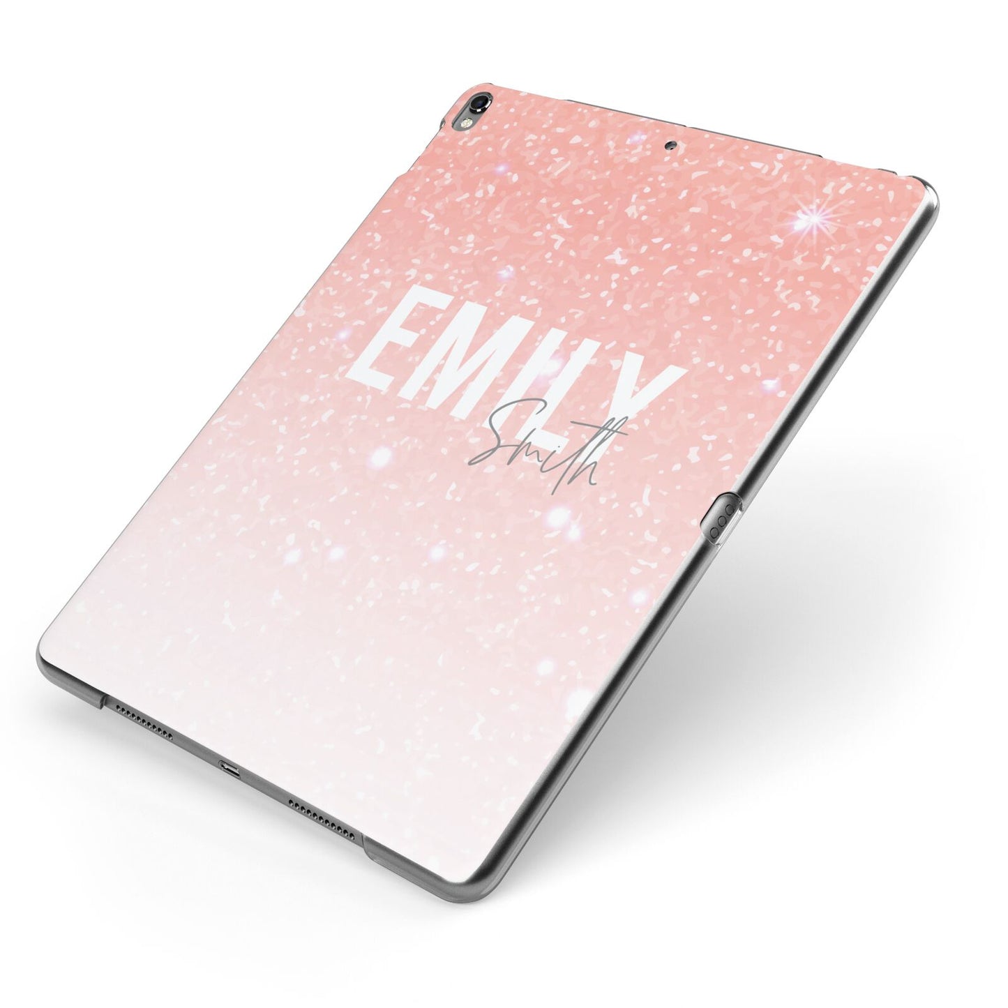 Personalised Pink Glitter Fade Text Apple iPad Case on Grey iPad Side View