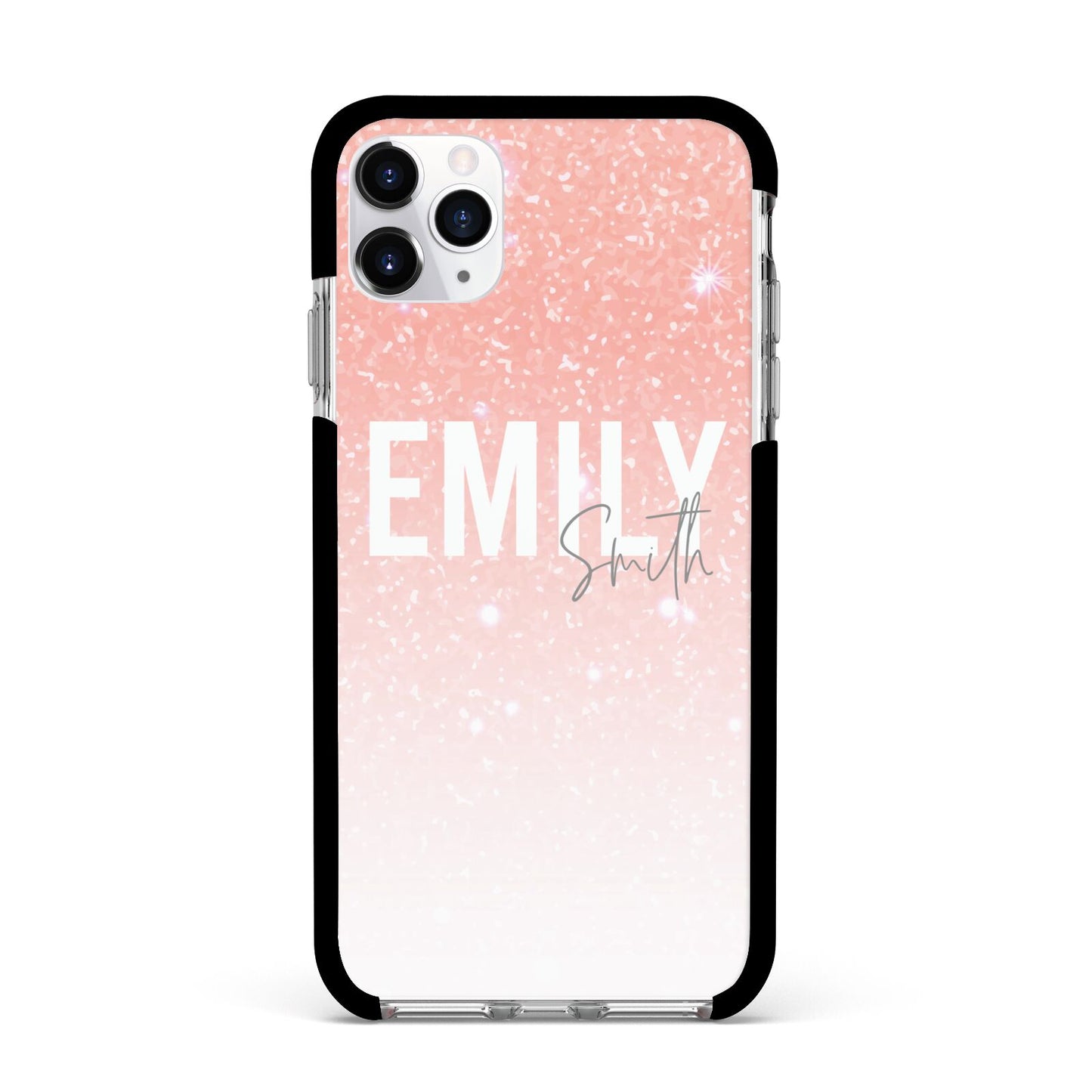 Personalised Pink Glitter Fade Text Apple iPhone 11 Pro Max in Silver with Black Impact Case