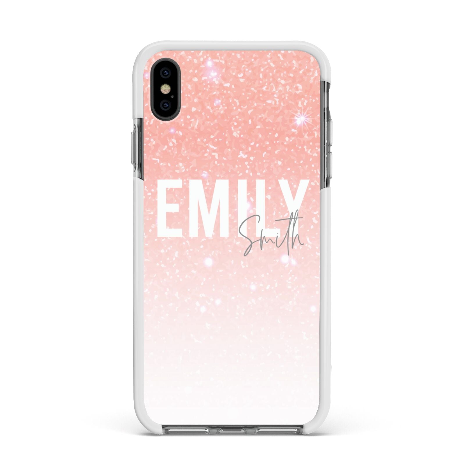 Personalised Pink Glitter Fade Text Apple iPhone Xs Max Impact Case White Edge on Black Phone