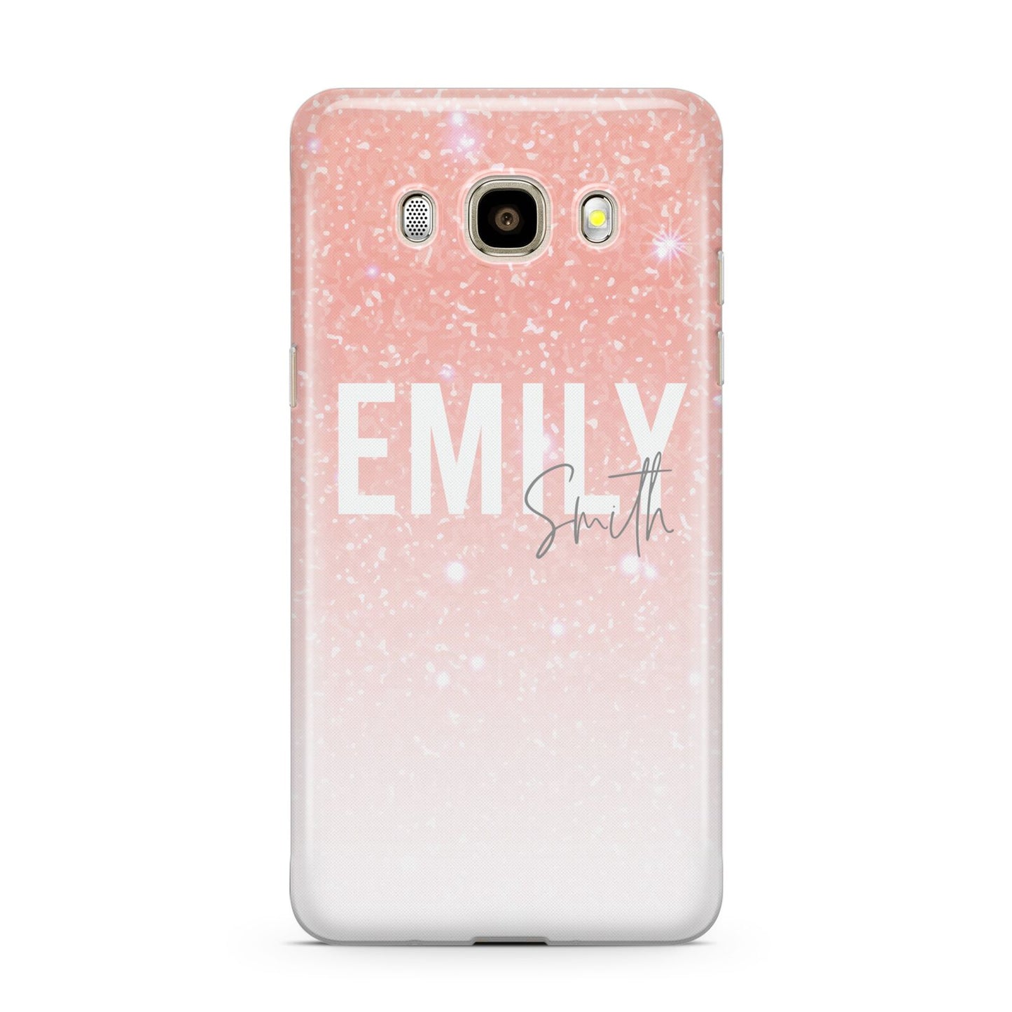 Personalised Pink Glitter Fade Text Samsung Galaxy J7 2016 Case on gold phone