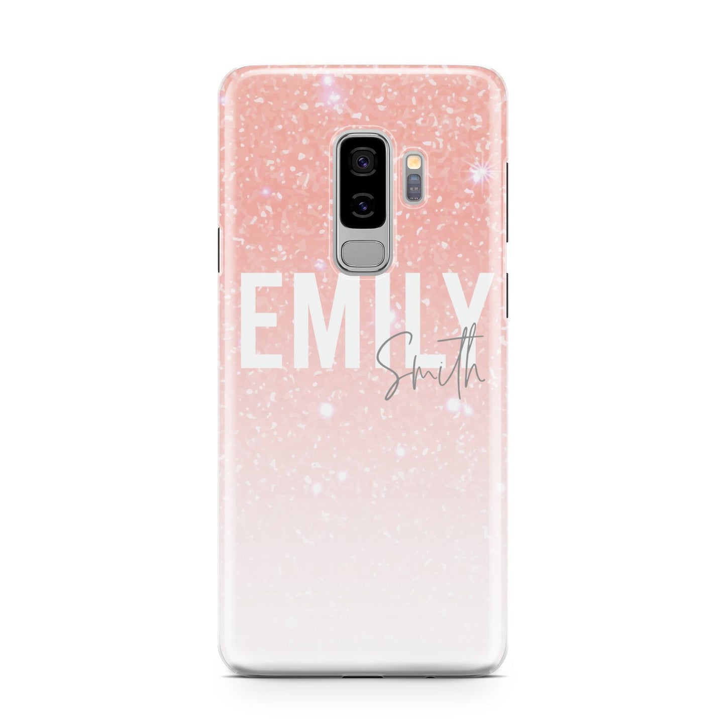 Personalised Pink Glitter Fade Text Samsung Galaxy S9 Plus Case on Silver phone