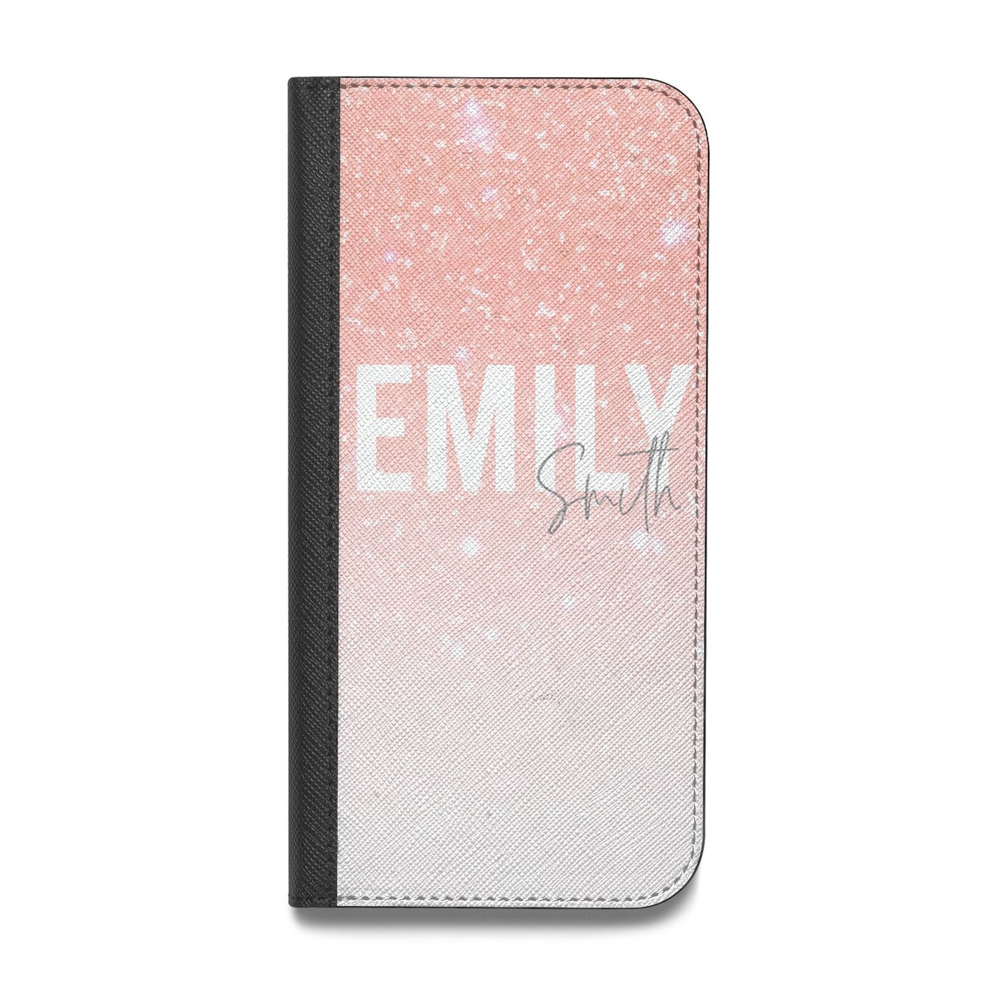 Personalised Pink Glitter Fade Text Vegan Leather Flip iPhone Case