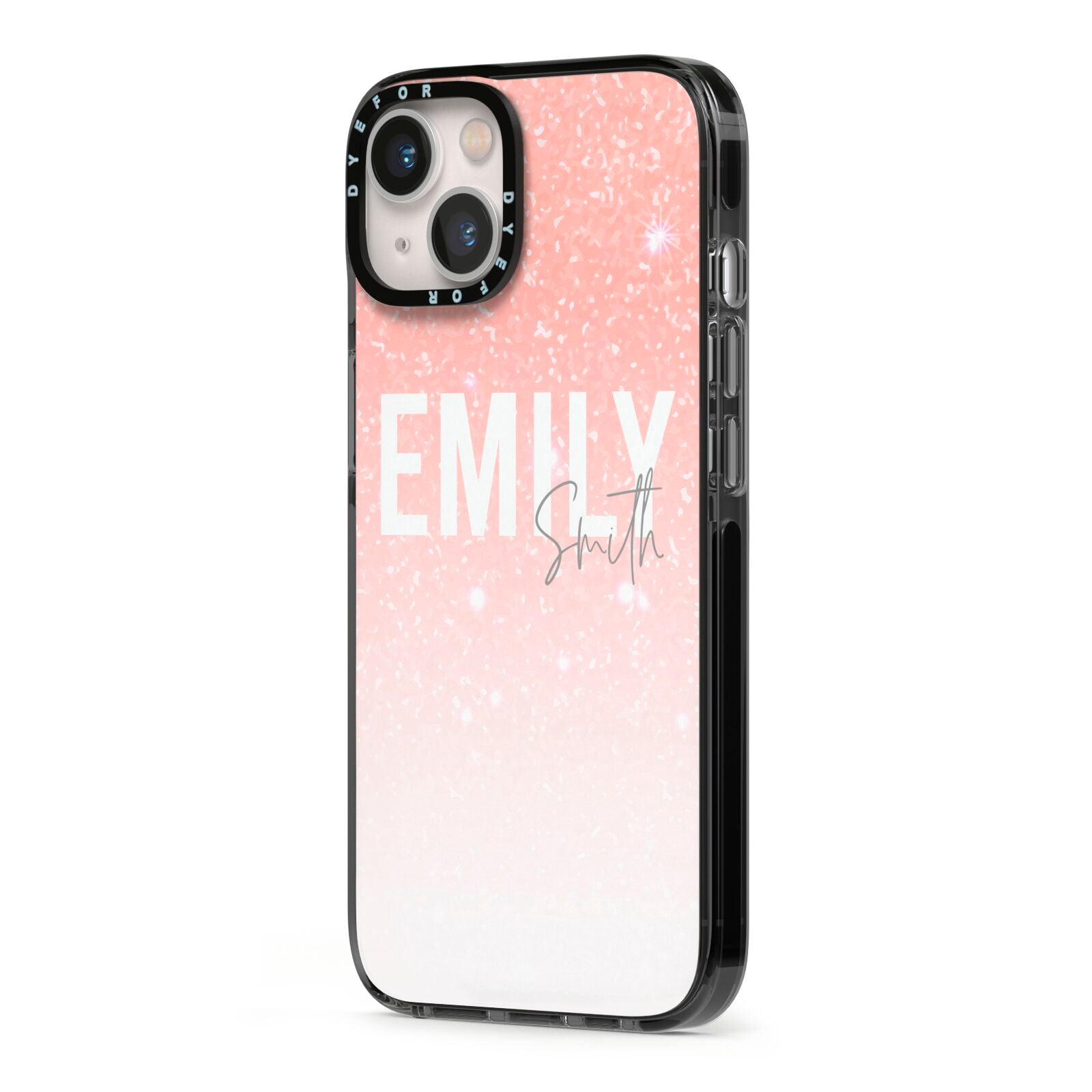 Personalised Pink Glitter Fade Text iPhone 13 Black Impact Case Side Angle on Silver phone