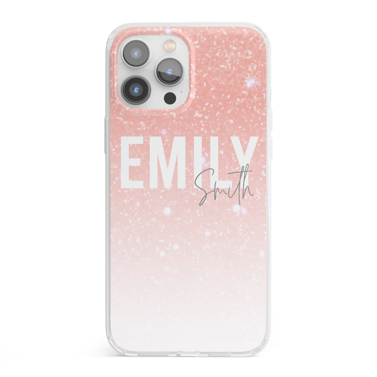 Personalised Pink Glitter Fade Text iPhone 13 Pro Max Clear Bumper Case