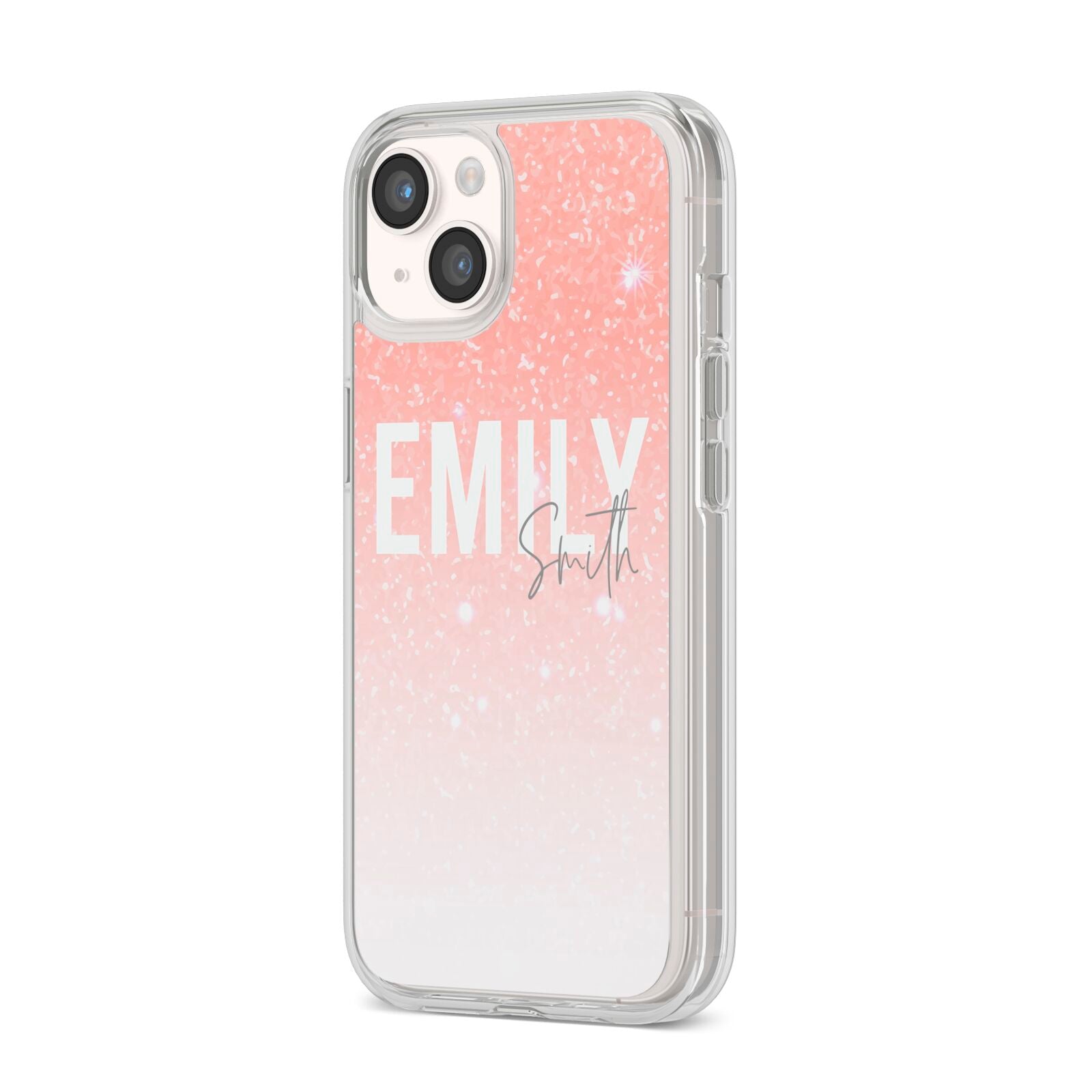 Personalised Pink Glitter Fade Text iPhone 14 Clear Tough Case Starlight Angled Image