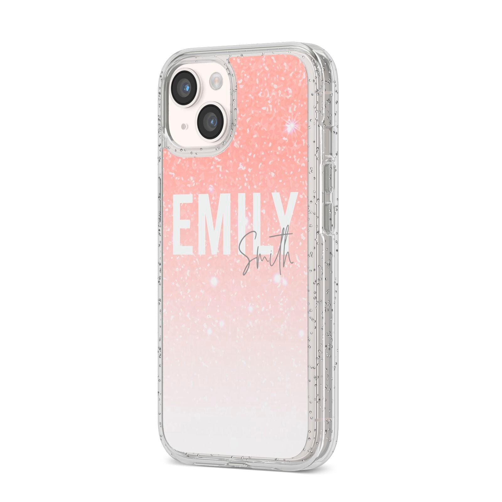 Personalised Pink Glitter Fade Text iPhone 14 Glitter Tough Case Starlight Angled Image