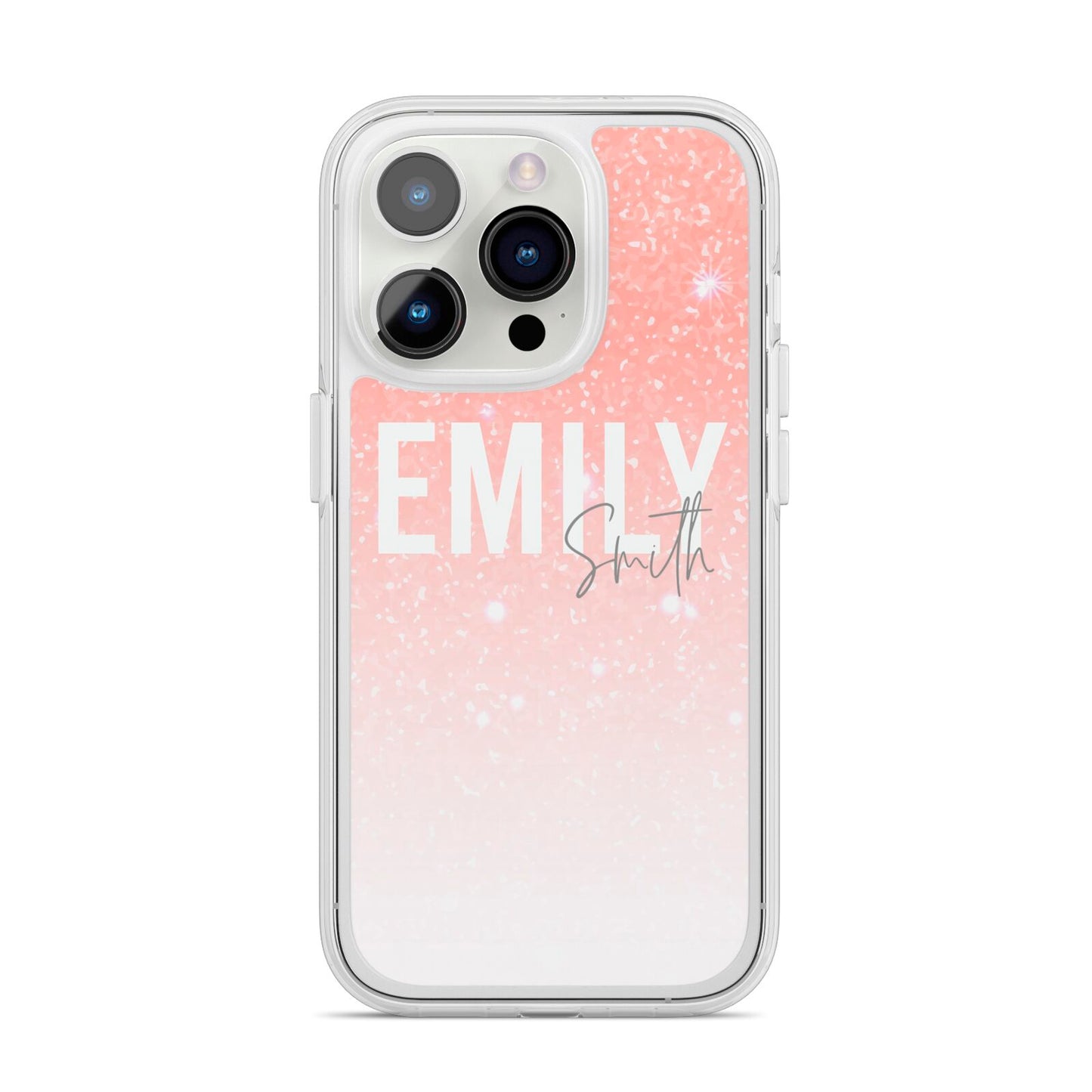 Personalised Pink Glitter Fade Text iPhone 14 Pro Clear Tough Case Silver