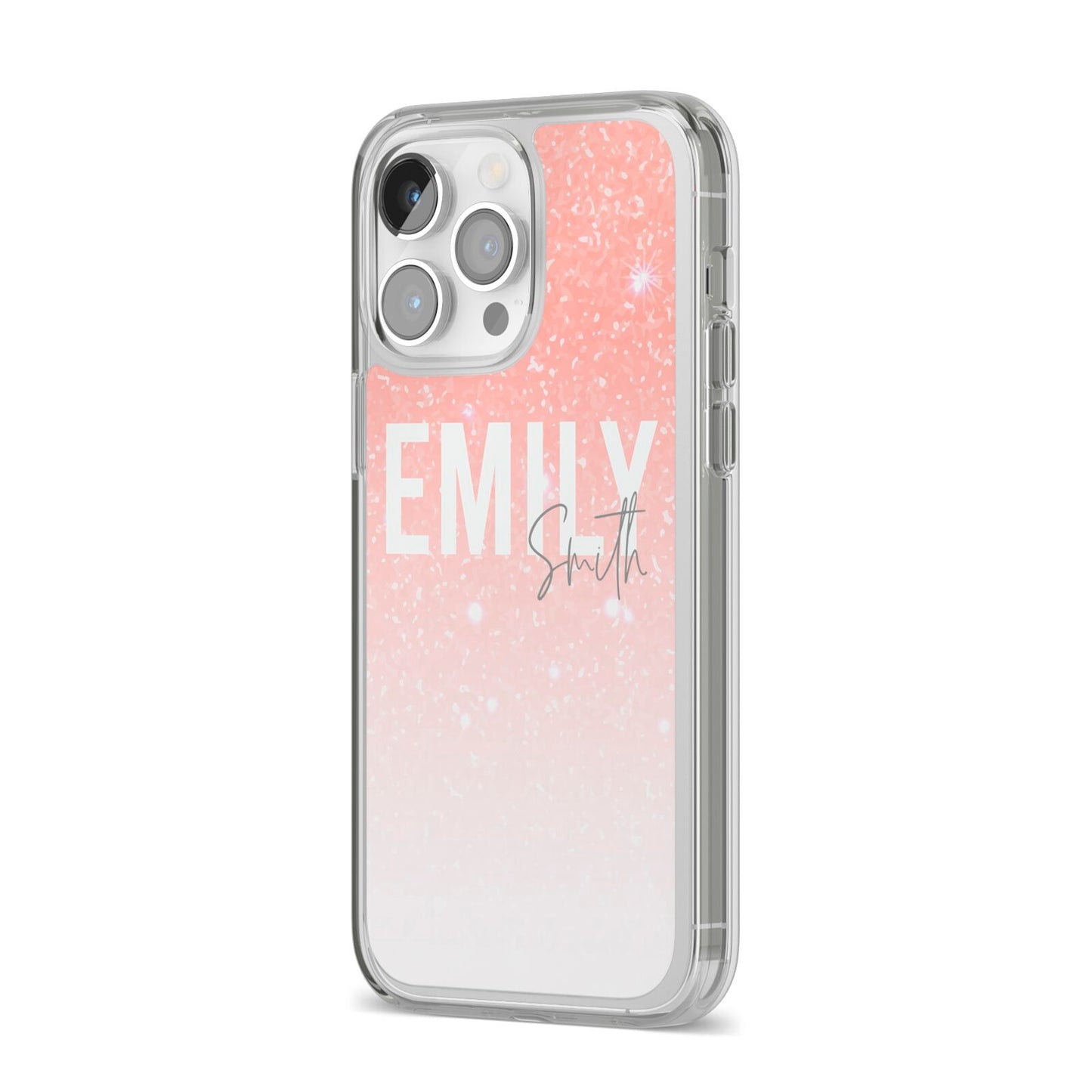 Personalised Pink Glitter Fade Text iPhone 14 Pro Max Clear Tough Case Silver Angled Image