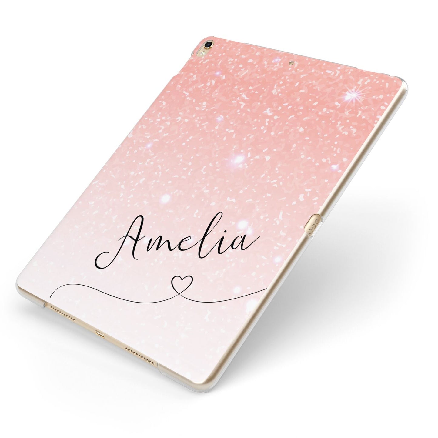 Personalised Pink Glitter Fade with Black Text Apple iPad Case on Gold iPad Side View