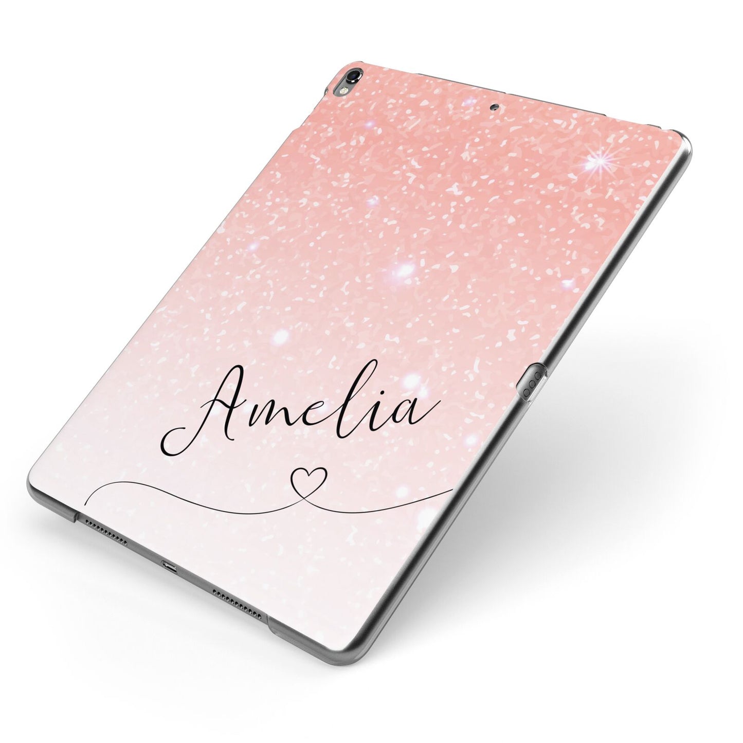 Personalised Pink Glitter Fade with Black Text Apple iPad Case on Grey iPad Side View