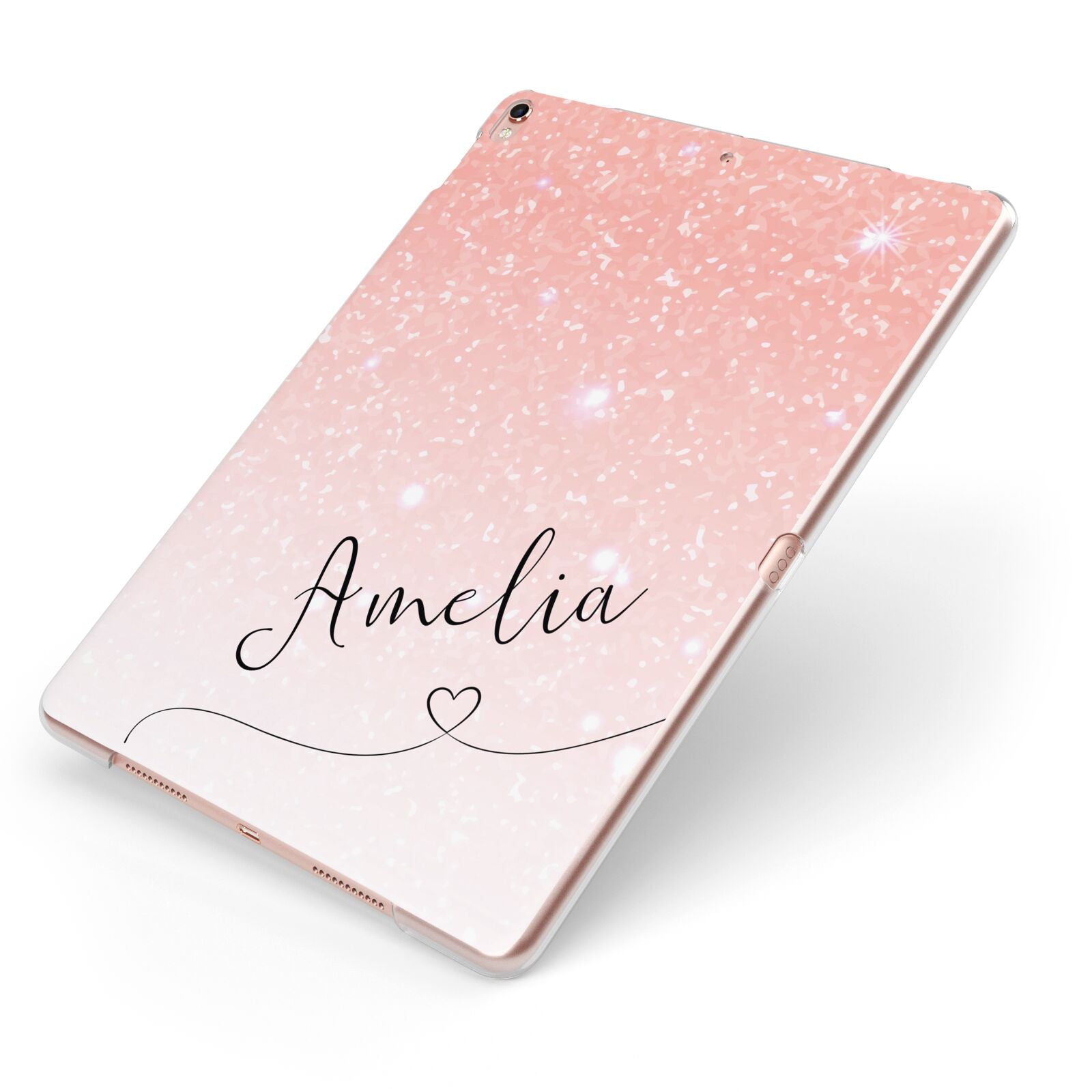 Personalised Pink Glitter Fade with Black Text Apple iPad Case on Rose Gold iPad Side View