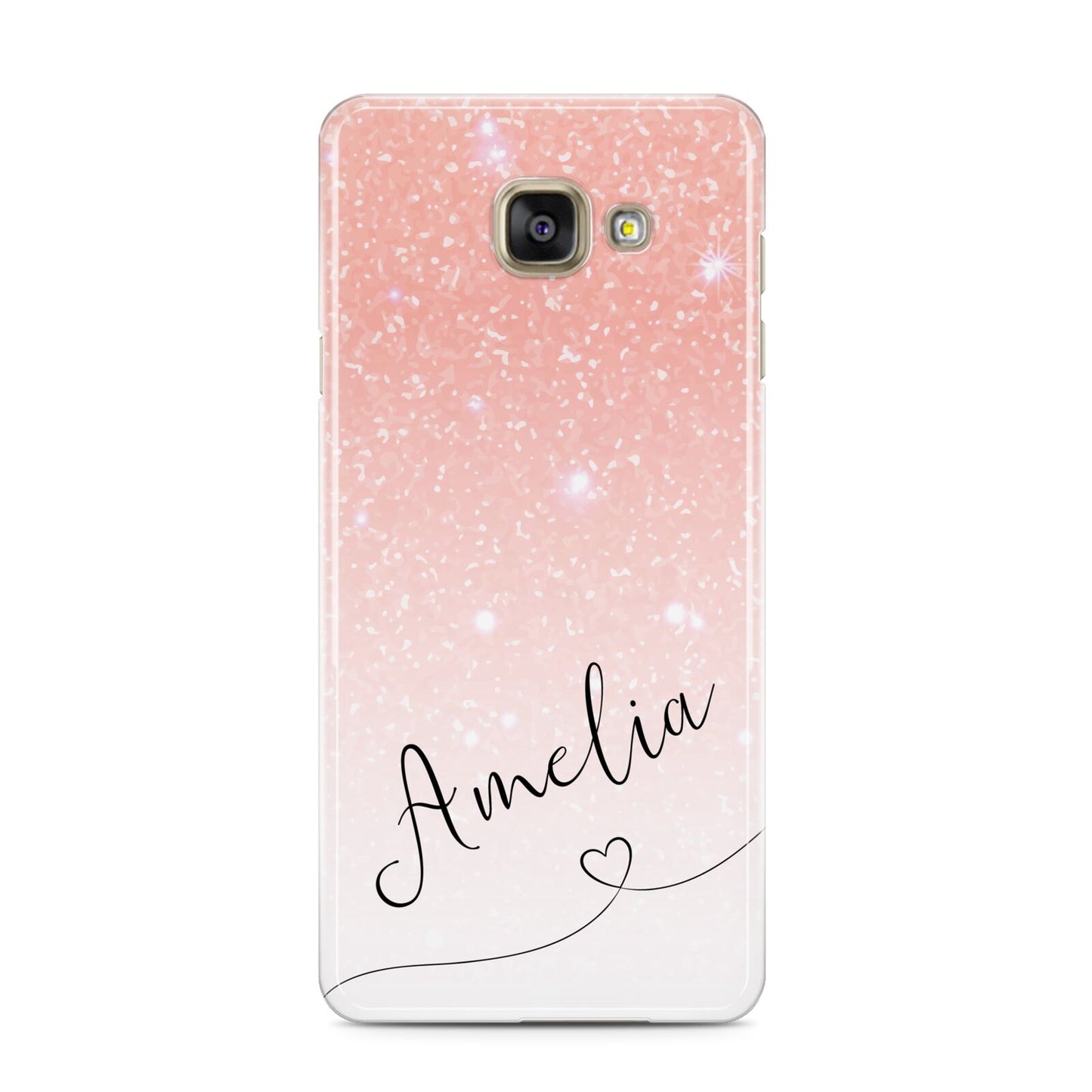 Personalised Pink Glitter Fade with Black Text Samsung Galaxy A3 2016 Case on gold phone