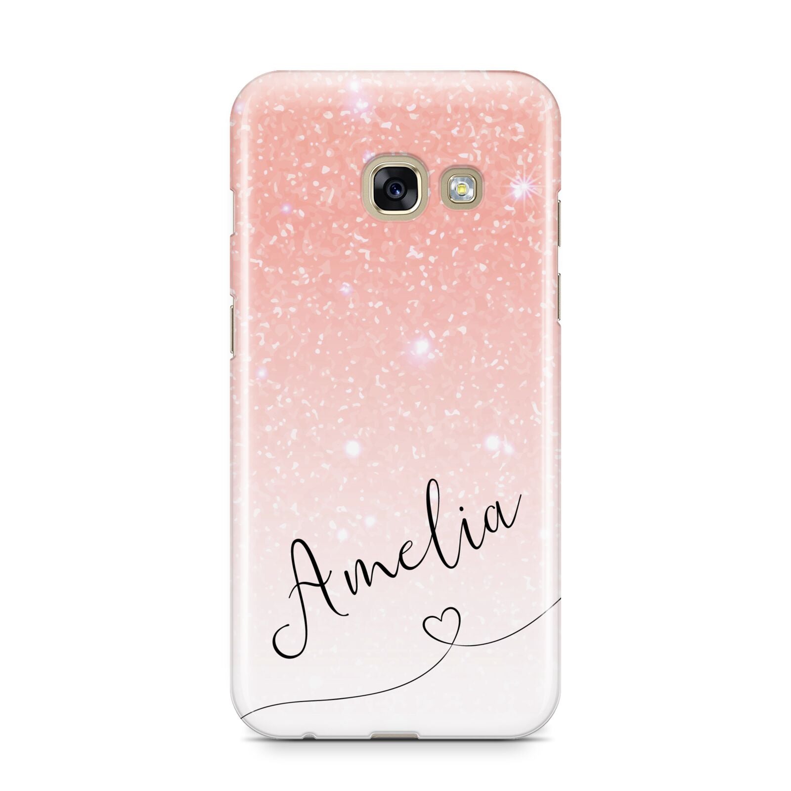 Personalised Pink Glitter Fade with Black Text Samsung Galaxy A3 2017 Case on gold phone