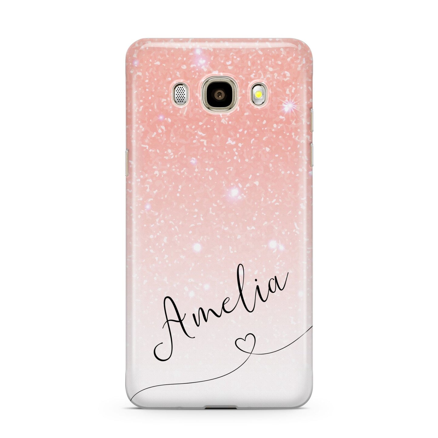 Personalised Pink Glitter Fade with Black Text Samsung Galaxy J7 2016 Case on gold phone