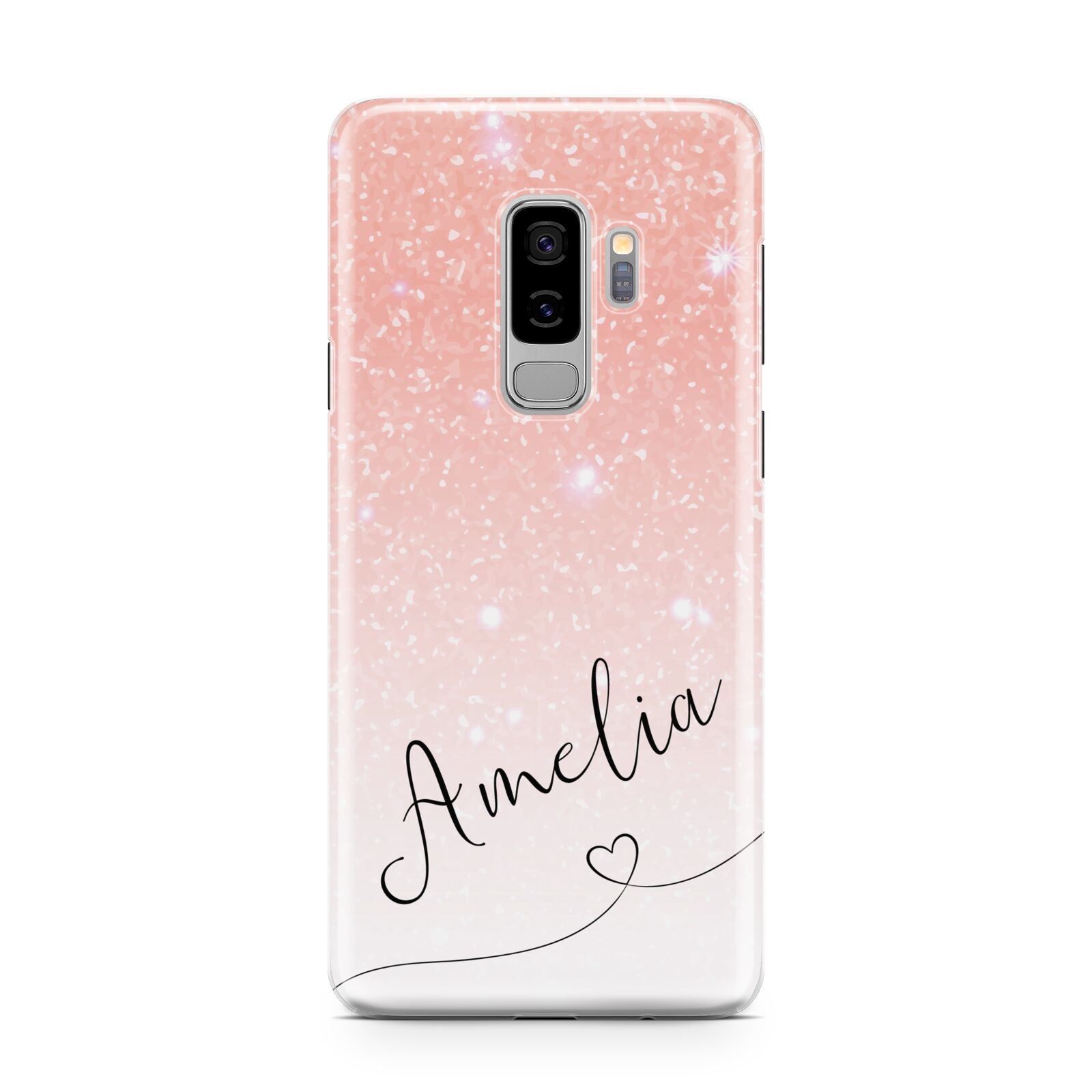 Personalised Pink Glitter Fade with Black Text Samsung Galaxy S9 Plus Case on Silver phone