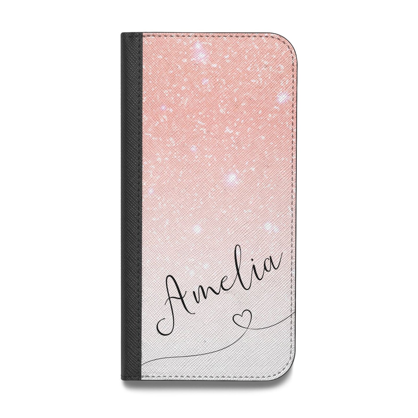 Personalised Pink Glitter Fade with Black Text Vegan Leather Flip iPhone Case