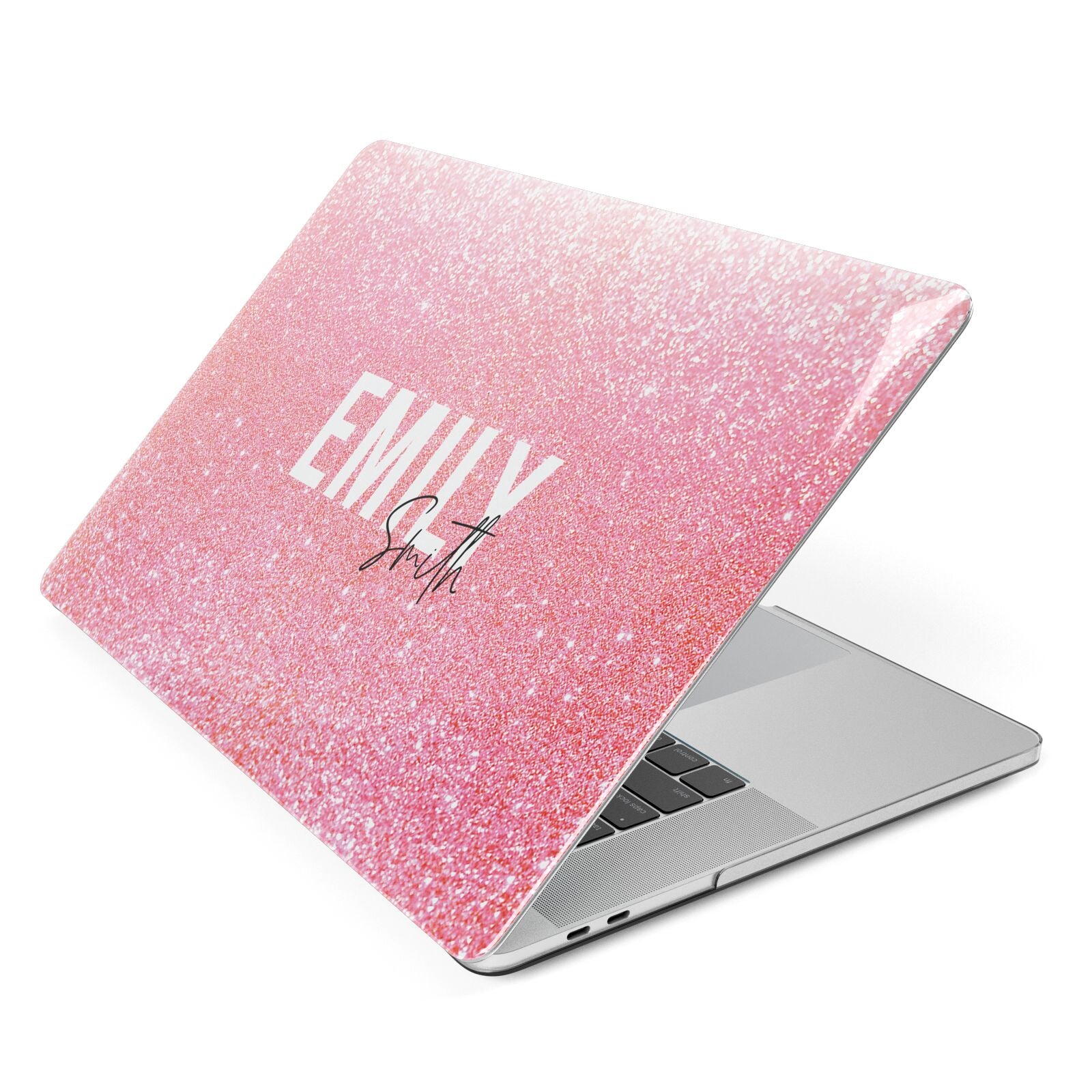 Personalised Pink Glitter White Name Apple MacBook Case Side View