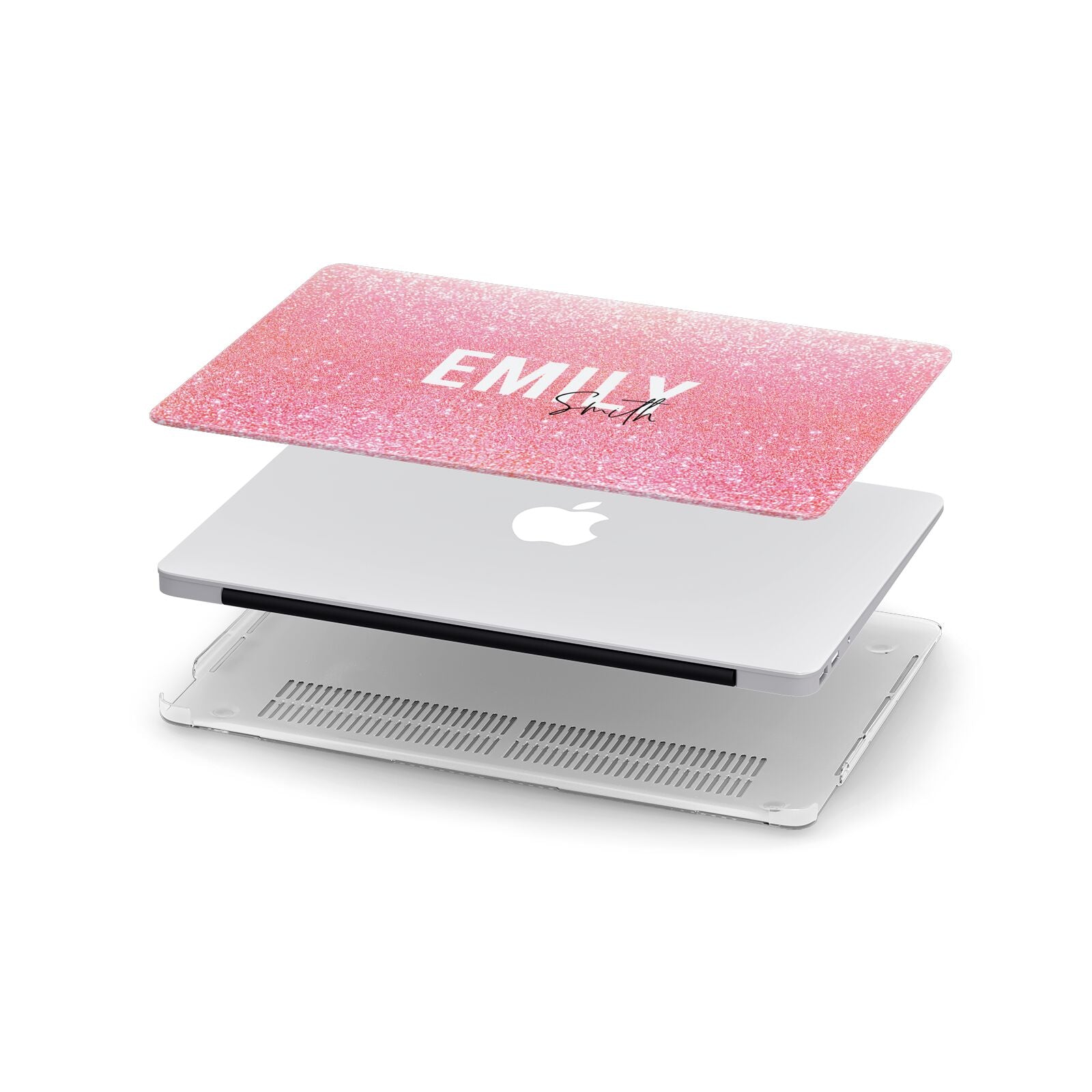 Personalised Pink Glitter White Name Apple MacBook Case in Detail