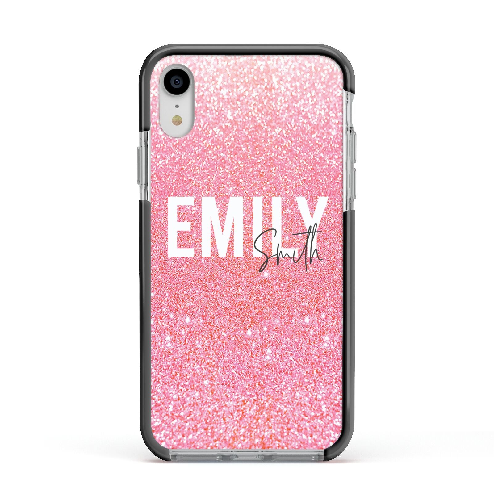 Personalised Pink Glitter White Name Apple iPhone XR Impact Case Black Edge on Silver Phone