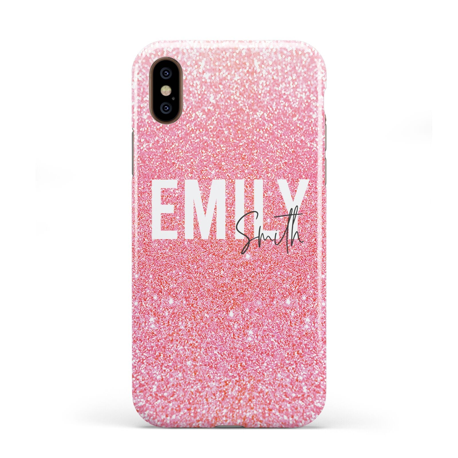 Personalised Pink Glitter White Name Apple iPhone XS 3D Tough