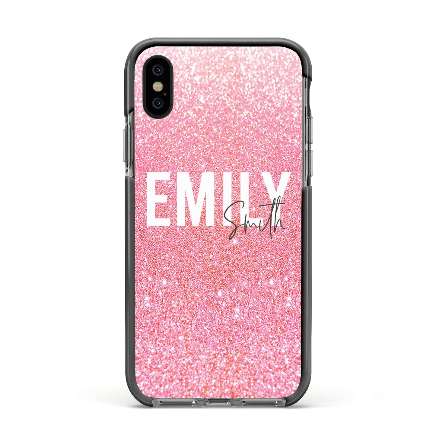 Personalised Pink Glitter White Name Apple iPhone Xs Impact Case Black Edge on Black Phone